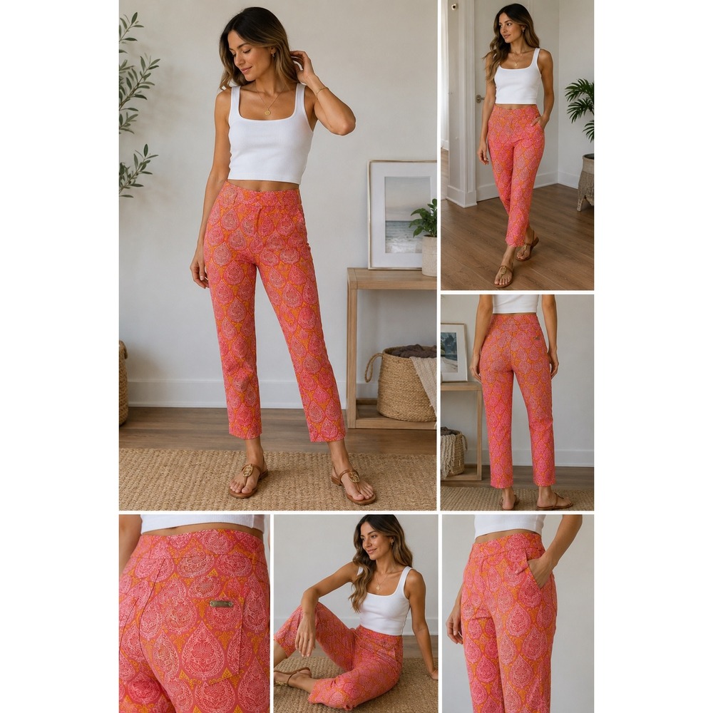 Spartina 449 Pants Womens M Pink Orange Paisley Ankle Slim Pull On Excellent
